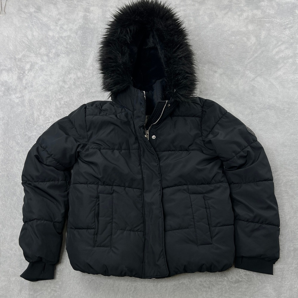 Abercrombie Kids Ultra Puffer Jacket Size 13/14 Black Faux Fur Hood Winter Coat